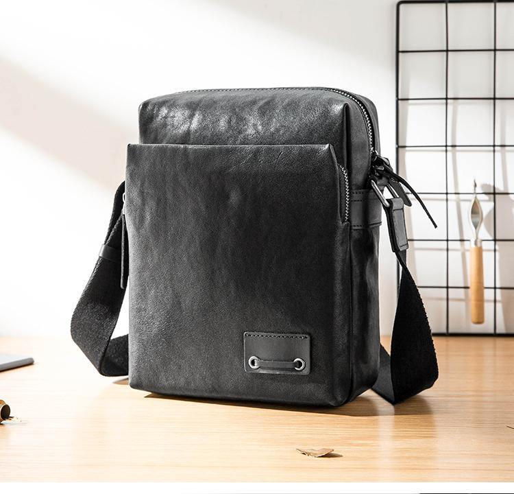 Cool Black Leather Mens 10 inches Vertical Messenger Bags Side Bag Courier Bag for Men - iwalletsmen