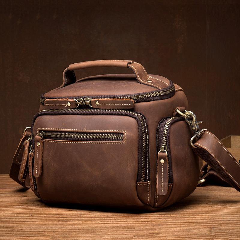 Vintage Dark Brown Leather Mens Camera Shoulder Bag Small Messenger Bag Courier Bag for Men - iwalletsmen