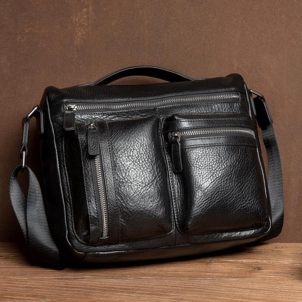 Black Leather 10 inches Mens Small Messenger Bag Black Side Bag Courier Bag Postman Bag for Men - iwalletsmen