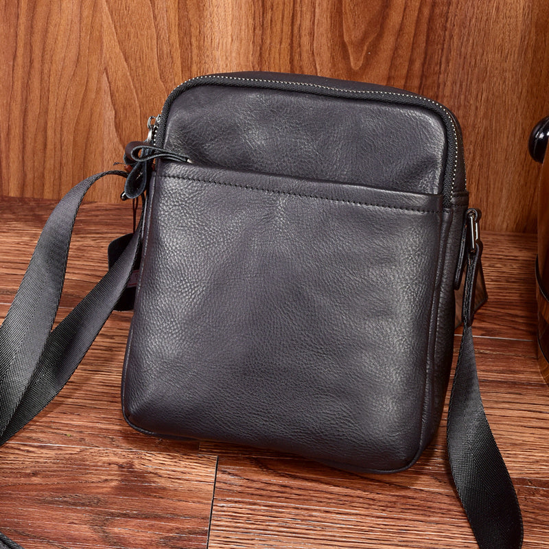 Black Leather Mens Tablet Messenger Bag Small Side Bag Black Shoulder Bag For Men - iwalletsmen