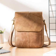 Camel Leather Mens Vertical Mini Side Bag Small Messenger Bags Courier Bag for Men - iwalletsmen