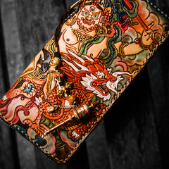 Handmade Leather Tooled White Jambhala Mens Chain Biker Wallet Cool Leather Wallet Zipper Long Phone Wallets for Men