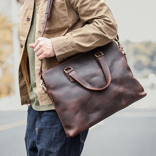 Vintage Dark Brown 14'' Computer Briefcase Mens Leather Briefcase Work Handbags Black For Men - iwalletsmen