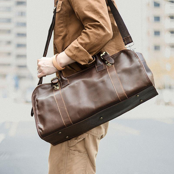 Black Leather Mens Casual Large Travel Bags Shoulder Weekender Bags Brown Duffle Bag For Men - iwalletsmen