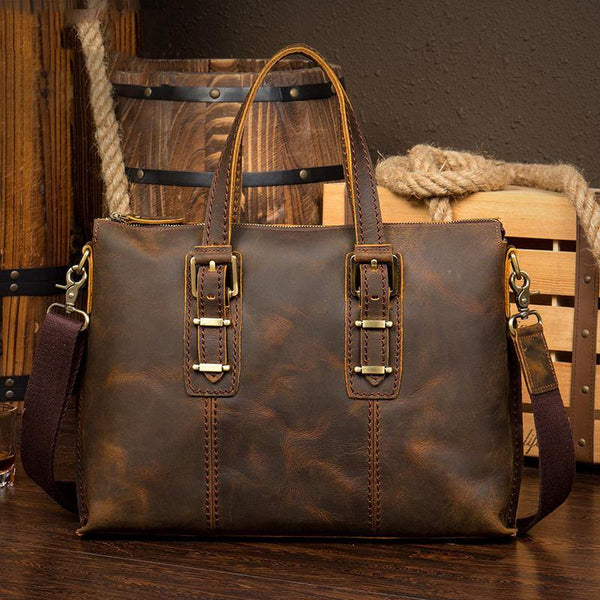 Vintage Brown Leather Mens 15 inches Briefcase Laptop Bag Business Bags Work Bags for Men - iwalletsmen