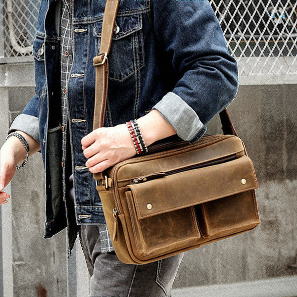 Black Leather Mens Casual 10" Courier Bags Messenger Bag Small Postman Bags For Men - iwalletsmen