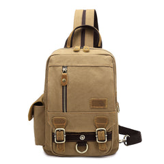 Canvas Leather Mens Mini Sling Bag Khaki Backpack One Shoulder Bag Green Chest Bag for Men - iwalletsmen