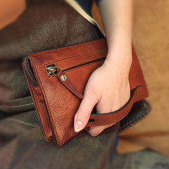 Handmade Genuine Leather Mens Cool Long Wallet Wristlet Bifold Clutch Wallet for Men