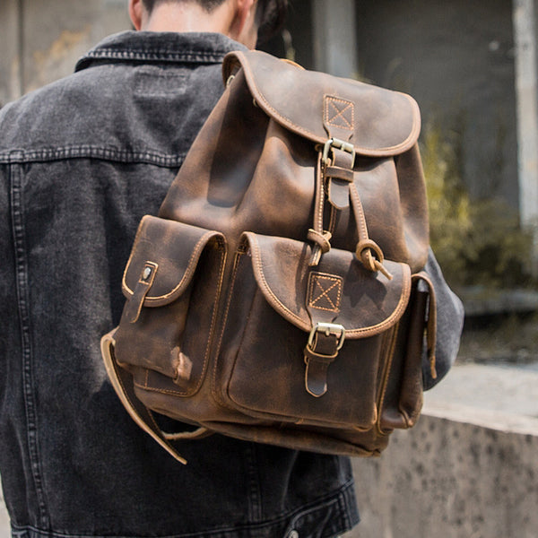 Dark Brown Cool Mens 13 inches Leather Backpacks Travel Backpacks Brown Laptop Backpack for men - iwalletsmen