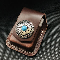 Brown Handmade Leather Mens Chinese Dragon Zippo Lighter Holders Lighter Case For Men - iwalletsmen