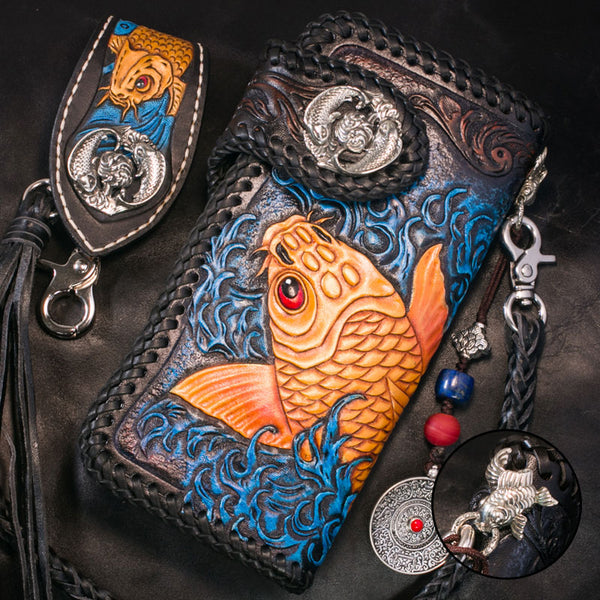Handmade Leather Carp Mens Chain Biker Wallet Cool Leather Wallet With Chain Wallets for Men