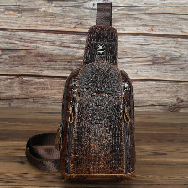 Crocodile Pattern Leather Backpack Men's Sling Bag Chest Bag Coffee One shoulder Backpack Sling Pack For Men - iwalletsmen
