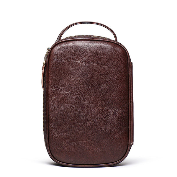 Vintage Brown Leather Men's Clutch Bag Double Zipped Small Wristlet Handbag Storage Bag For Men - iwalletsmen
