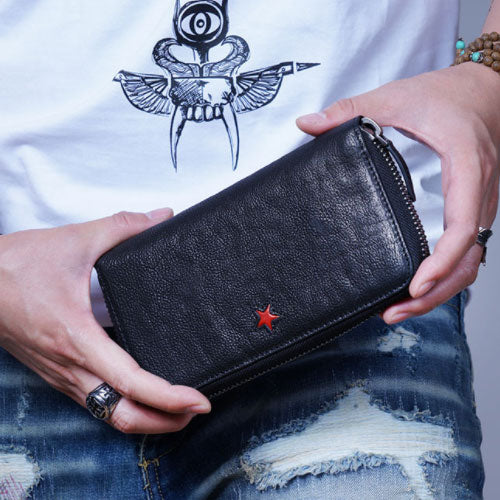 Genuine Leather Mens Cool Long Leather Wallet Zipper Clutch Wallet for Men - iwalletsmen