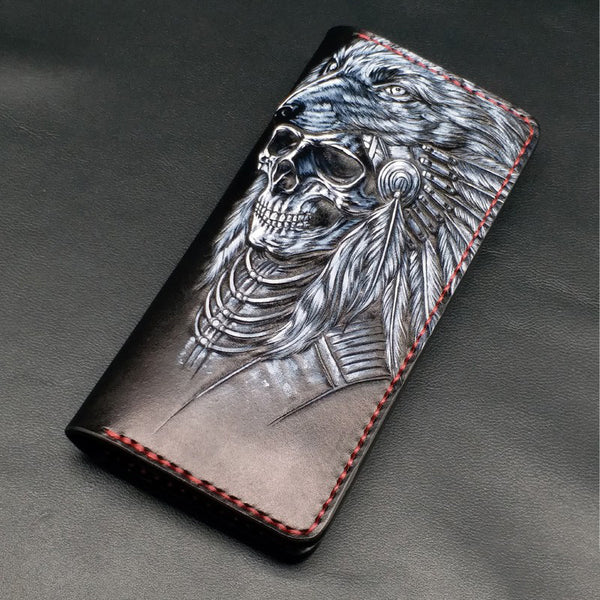 Black Handmade Tooled Indian Chief Skull Leather Mens Long Wallet Bifold Long Wallet For Men - iwalletsmen