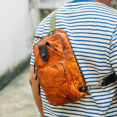 Fashion Black Leather Mens Sling Bag Chest Bag Sling Pack Tan One Shoulder Backpack For Men - iwalletsmen