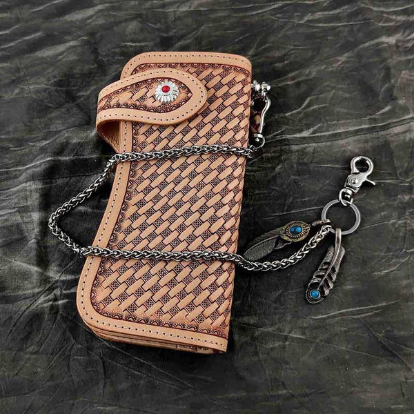 Handmade Beige Tooled Leather Men's Bifold Long Wallet Cool Biker Chain Wallet For Men - iwalletsmen