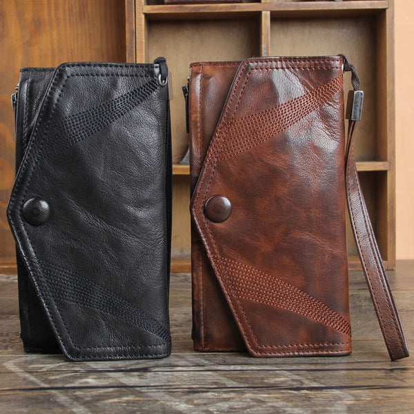 Genuine Leather Mens Cool Biker Chain Wallet Long Leather Wallet Slim Clutch Wristlet Wallet for Men