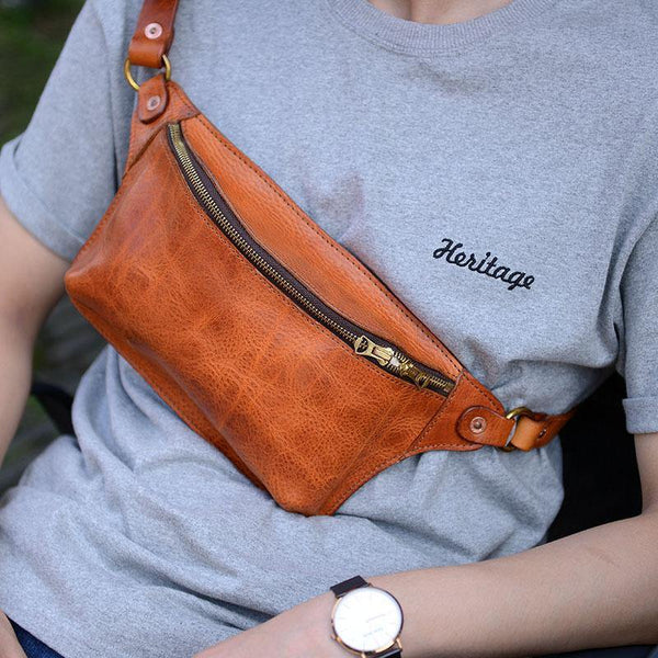 Cool Light Brown Leather Men Chest Bag Waist Bag Tan Fanny Pack Hip Bag Bum Pack For Men - iwalletsmen