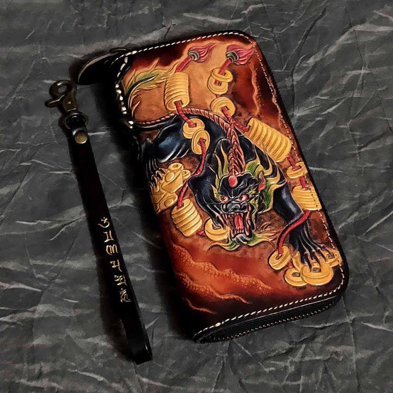 Badass Black Leather Men's Long Biker Handmade Wallet Beast Totem Tooled Zipper Long Chain Wallets For Men - iwalletsmen