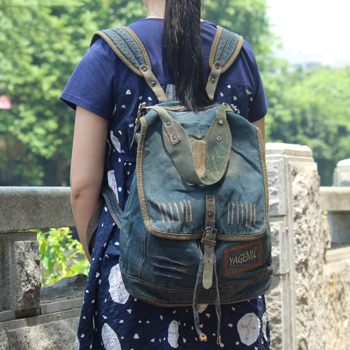Fashion Denim Blue Mens Womens Backpack School Backpack Blue Jean Travel Backpacks For Men - iwalletsmen