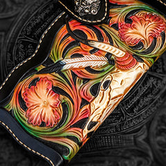 Handmade Leather Black Mens Tooled Skull Chain Biker Wallet Cool Leather Wallet Long Clutch Wallets for Men