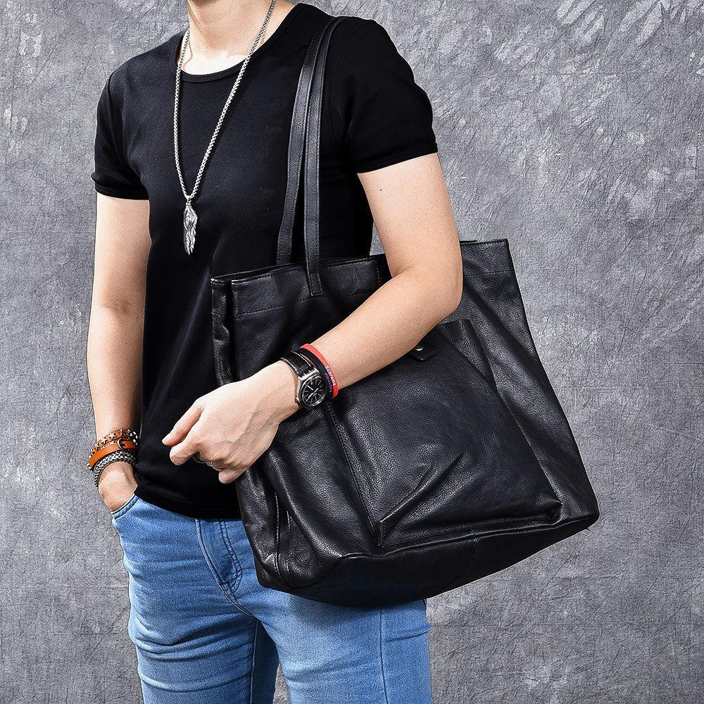 Leather Mens Womens 15" Large Shoulder Bag Black Tote Bag Large Side Bag Handbag For Men - iwalletsmen
