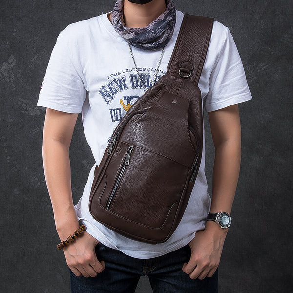 Cool Leather Mens 10" Black Sling Bag Chest Bag One Shoulder Backpack for Men - iwalletsmen