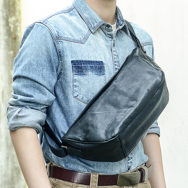 Cool Black Leather Men Chest Bag Large Sling Bag One Shoulder Backpack Sling Packs For Men - iwalletsmen