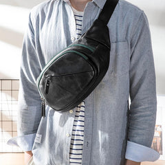 Cool Black Leather Mens Chest Bag Waist Bag Sling Bags Black Fanny Pack for Men - iwalletsmen