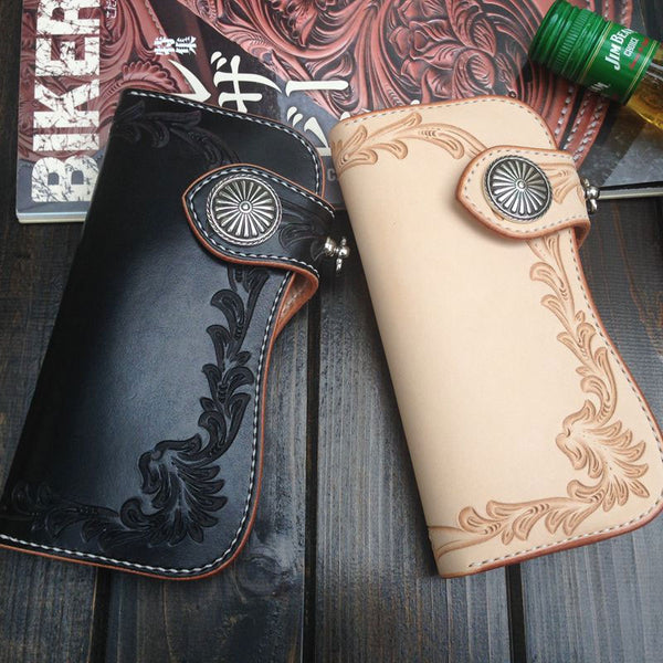 Handmade Leather Biker Wallet Tooled Floral Mens Cool Chain Wallet Trucker Wallet with Chain