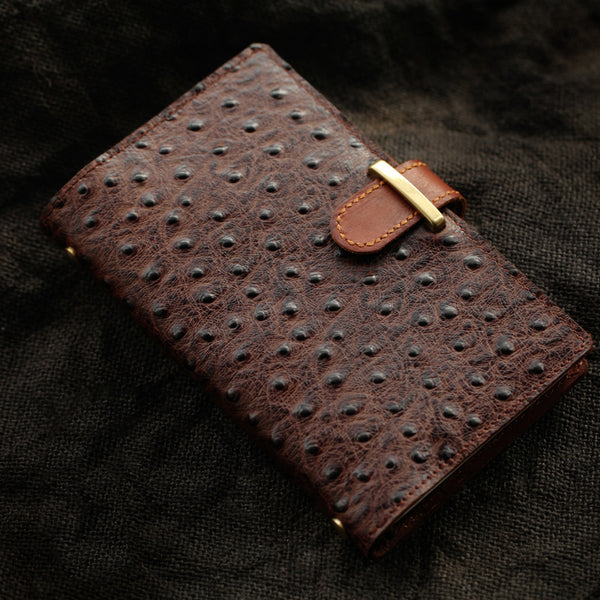 Creative Handmade Ostrich Pattern Leather A6 Travel Notepad Brown Notebook For Men - iwalletsmen