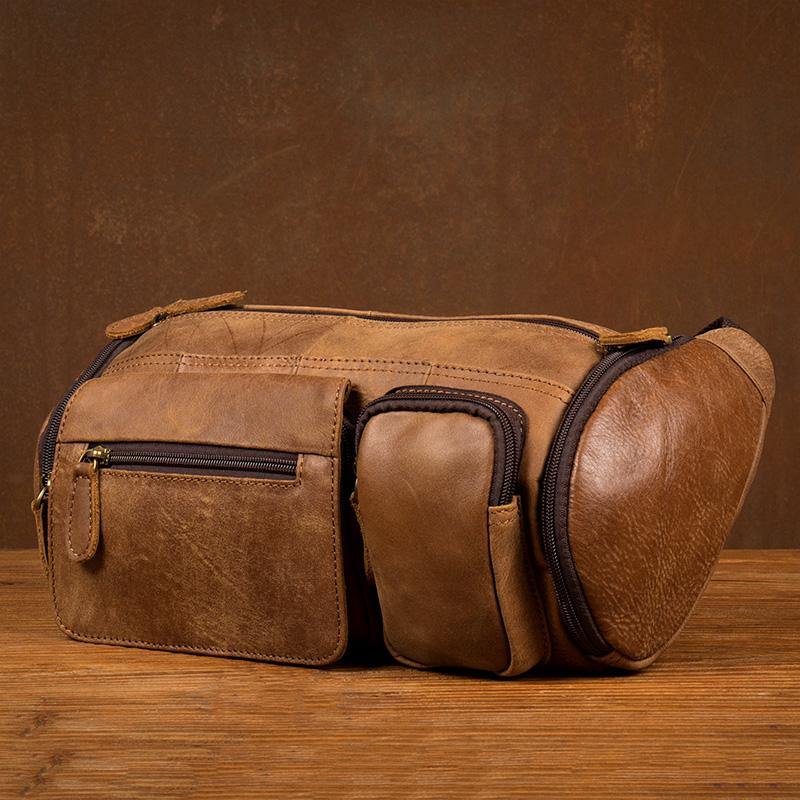 Cool Brown Leather Mens Large Fanny Pack Barrel Waist Bag Chest Bag Hip Pack Bum Pack for men - iwalletsmen