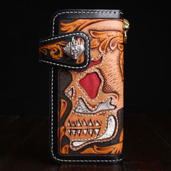 Handmade Leather Skull Mens Chain Biker Wallet Cool Leather Wallet Long Tooled Wallets for Men