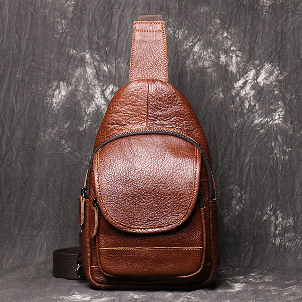Brown Leather Men's Sling Bag Sling Pack Fashion Brown One shoulder Backpack For Men - iwalletsmen