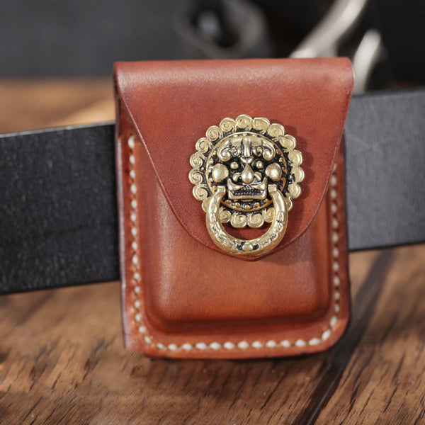 Cool Brown Leather Mens Zippo Lighter Case Holster Standard Zippo Lighter Holder with Belt Clip For Men - iwalletsmen