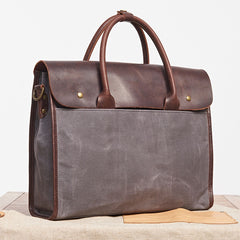 Mens Gray Canvas Leather Briefcase Handbag Work Bag Business Bag for Men - iwalletsmen