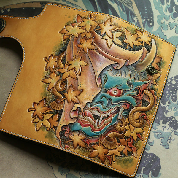 Handmade Leather Tooled PRAJNA Mens Chain Biker Wallet Cool Leather Wallet With Chain Wallets for Men