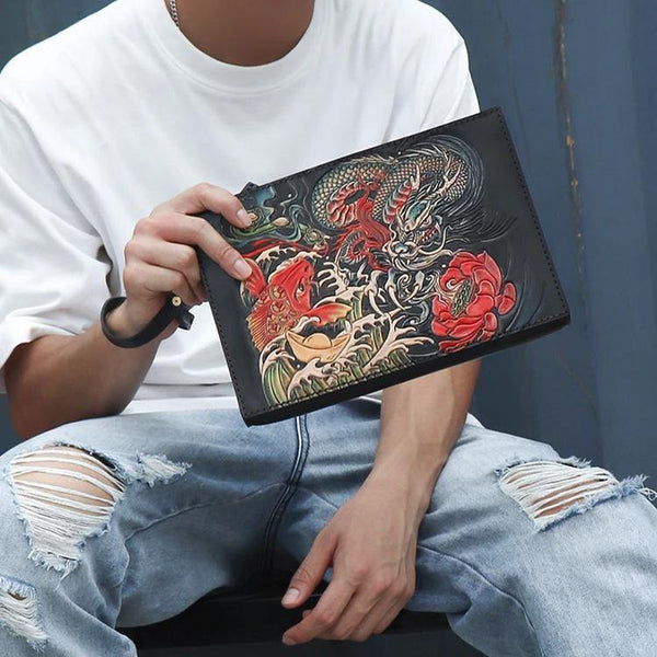 Black Handmade Tooled Leather Carp Chinese Dragon Clutch Wallet Wristlet Bag Clutch Purse For Men - iwalletsmen
