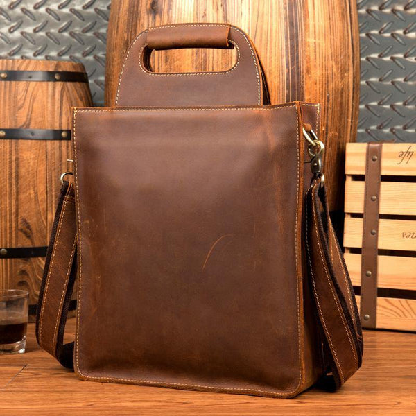 Light Brown Leather Mens 12 inches Briefcase Vertical Laptop Bag Business Handbag Work Bags for Men - iwalletsmen
