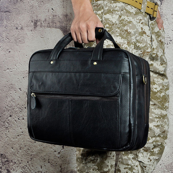 Black Leather Mens Large Briefcase Travel Bag Business Bag Work Bag for Men - iwalletsmen