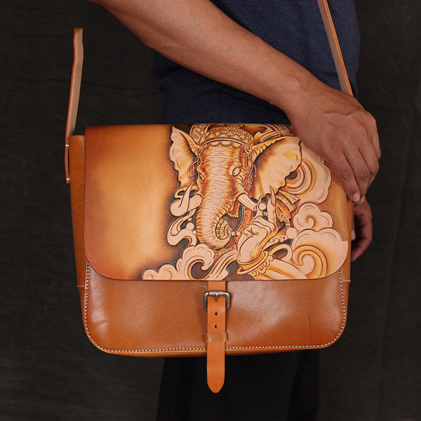 Brown Handmade Ganesha Tooled Leather Courier Bag Messenger Bag Side Bag For Men - iwalletsmen