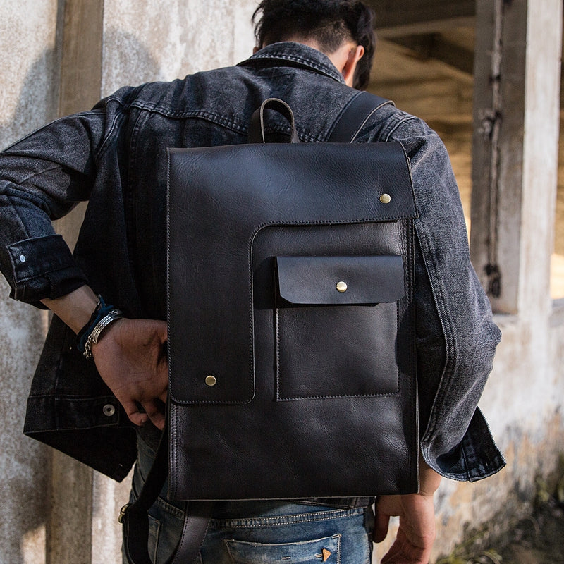 black leather computer backpack Black Leather Men's 13 inches Large Work Computer Backpack Black Large – iwalletsmen