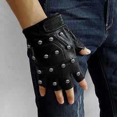 Cool Mens Punk Black Leather Half-Finger Rock Gloves Motorcycle Gloves Black Biker Gloves For Men - iwalletsmen