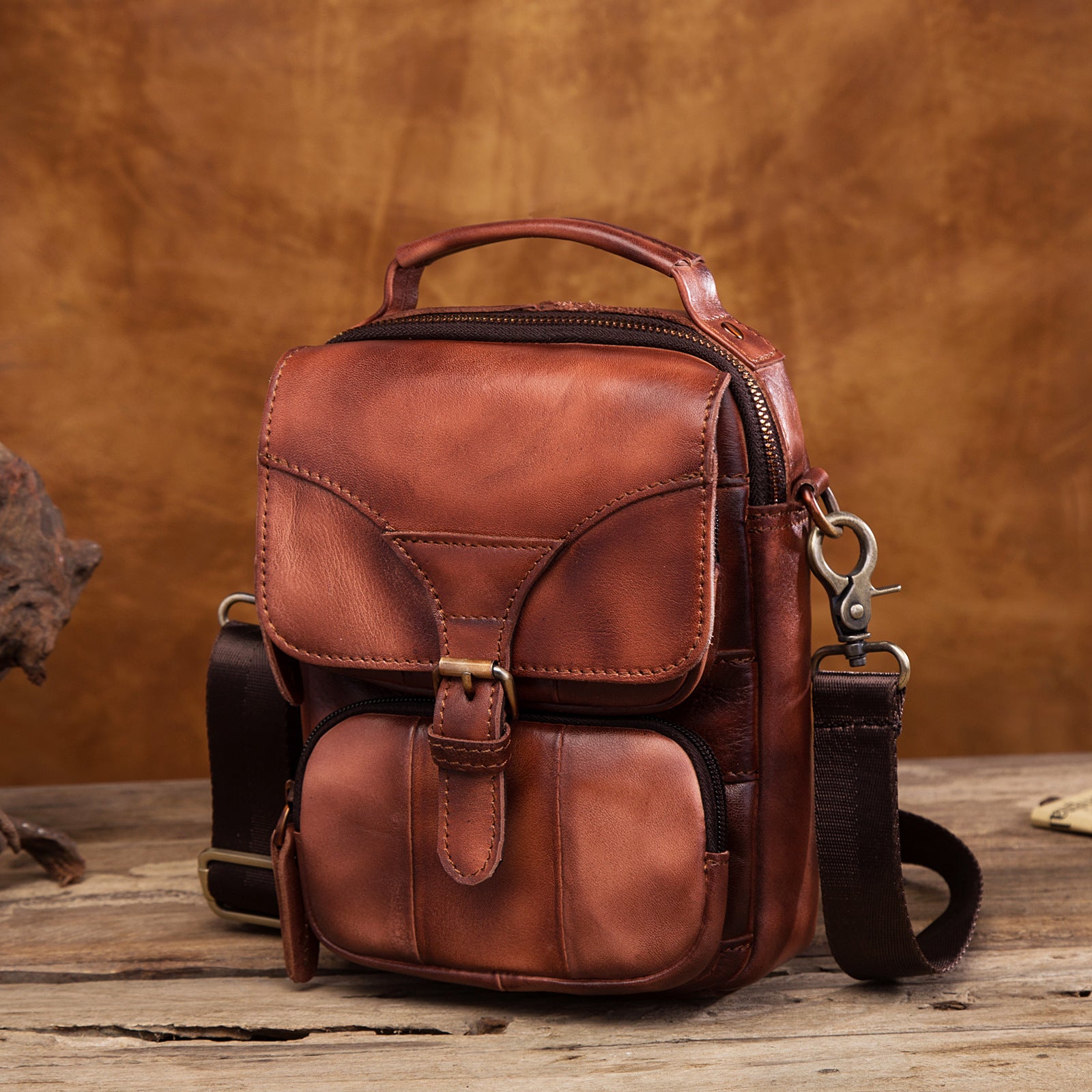 Vintage Leather Brown Men's Small Vertical Side Bag Handbag Belt Bag Pouch  For Men - iwalletsmen