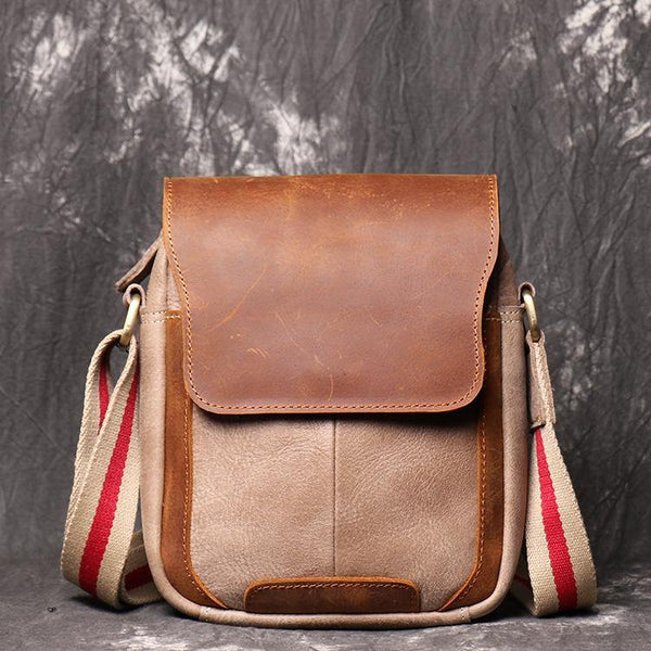 Simple Khaki Brown LEATHER Mens Vertical SIDE BAG COURIER BAG Vertical MESSENGER BAG FOR MEN - iwalletsmen