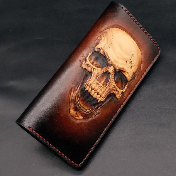 Dark Coffee Handmade Tooled Smiling Skull Leather Mens Bifold Long Wallet Clutch For Men - iwalletsmen