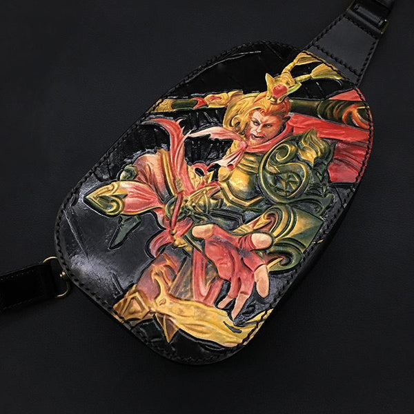 Black Handmade Tooled Leather Monkey King Sling Bag Chest Bag One Shoulder Backpack For Men - iwalletsmen