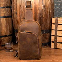 Dark Brown Leather Mens Cool Sling Bags Brown Crossbody Pack Chest Bag One Shoulder Backpack for men - iwalletsmen