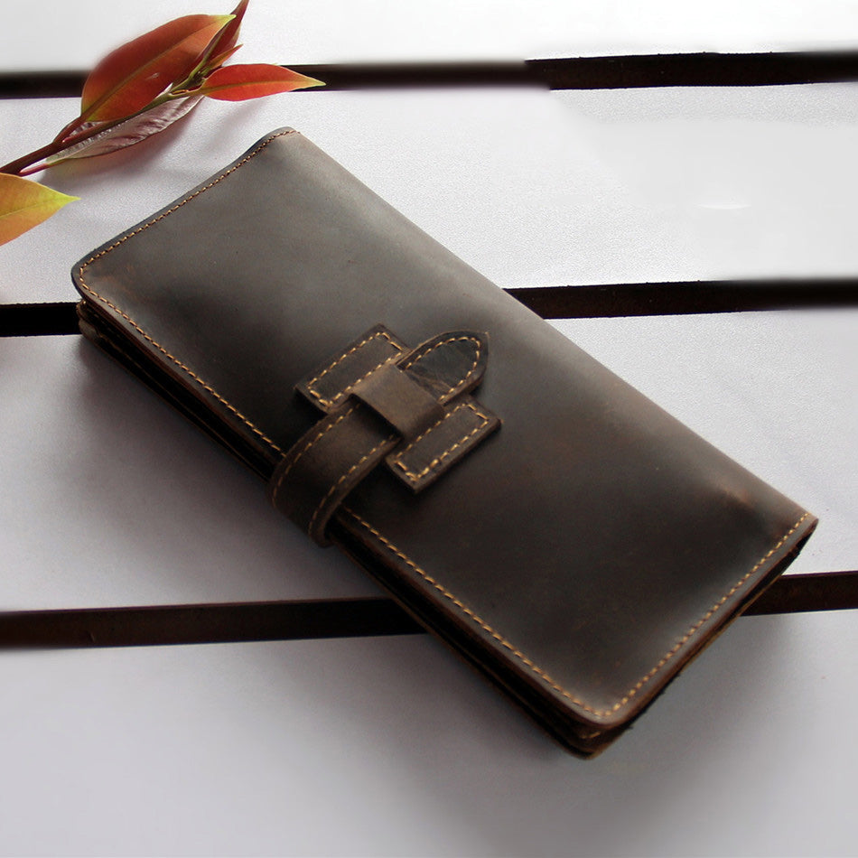 Handmade Dark Brown Leather Mens Bifold Long Wallet Cards Long Wallet For Men - iwalletsmen